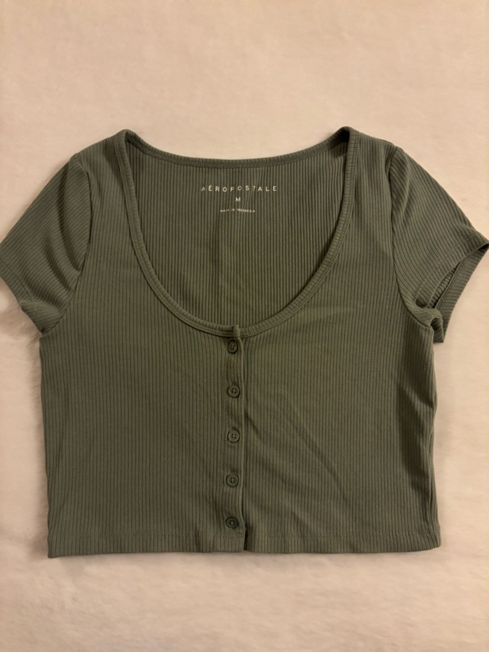 Aeropostale Olive Ribbed Short-Sleeve Button Crop Top